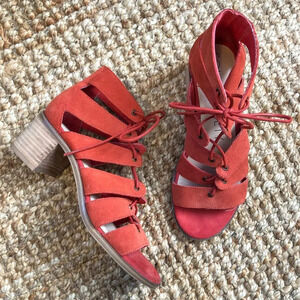 Sole Society Leigh Red Suede Lace Up Cutout Open Toe Sandals Heels Paprika 5.5